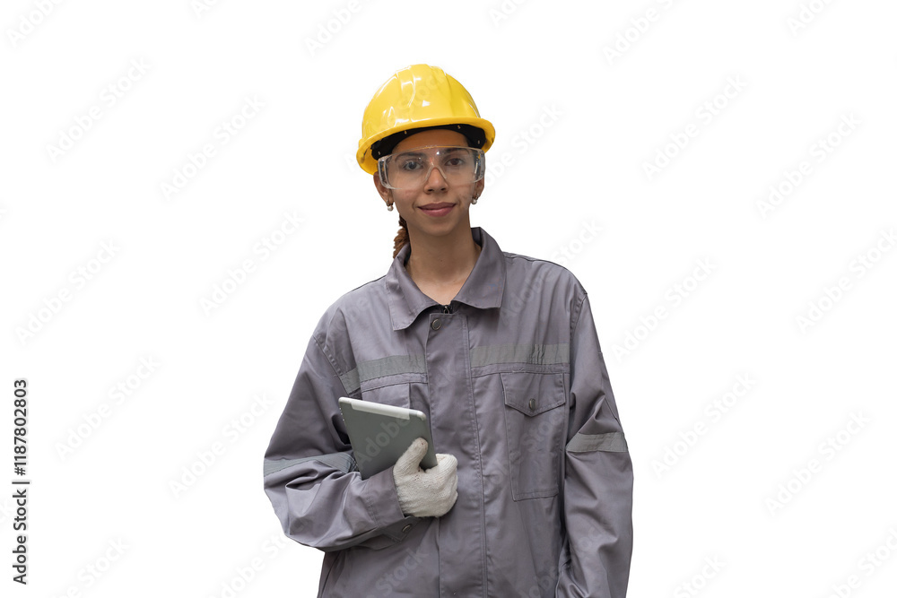 Female worker working with digital tablet on white background. Female engineer using digital tablet on white background Female worker working with digital tablet on white background. Female engineer using digital tablet on white background