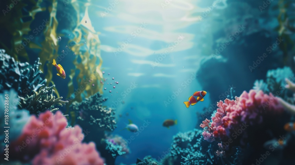 Naklejka premium a dreamy underwater scene with exotic fish and coral reefs, No objects, white space in the center of the page for text