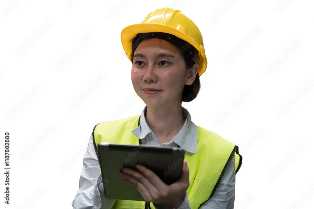 Asian woman worker working with digital tablet on white background. Asian woman engineer using digital tablet on white background Asian woman worker working with digital tablet on white background. Asian woman engineer using digital tablet on white background