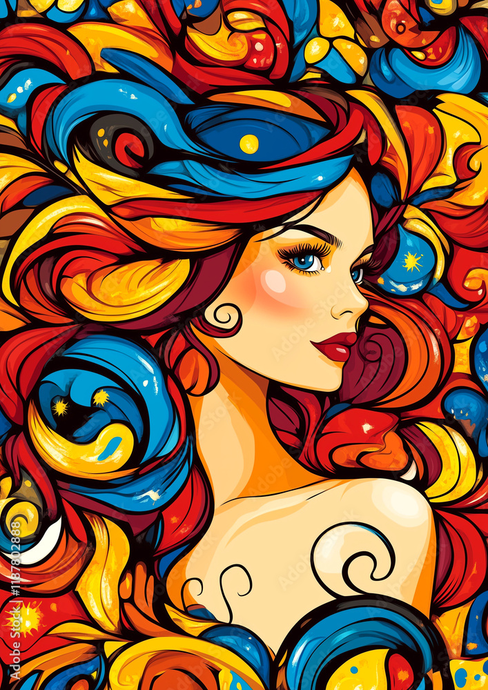 A woman with long red hair and blue and yellow hair. She is smiling and wearing a red lipstick A woman with long red hair and blue and yellow hair. She is smiling and wearing a red lipstick
