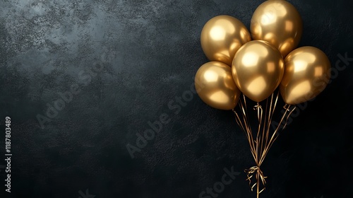 Elegant gold balloons cluster on dark black wall background, horizontal banner design photo