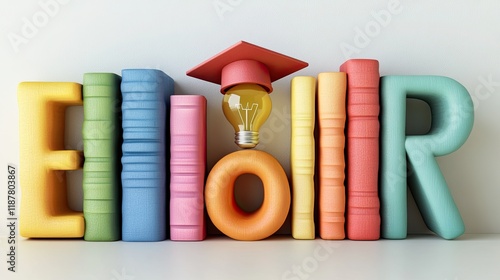 Colorful books and letters with a light bulb wearing a graduation cap, on a white  photo