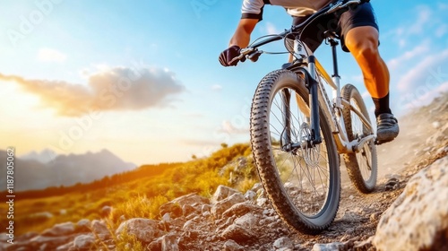 Wallpaper Mural Mountain Biker Navigating a Rocky Trail at Sunrise with Beautiful Natural Landscape in the Background Torontodigital.ca
