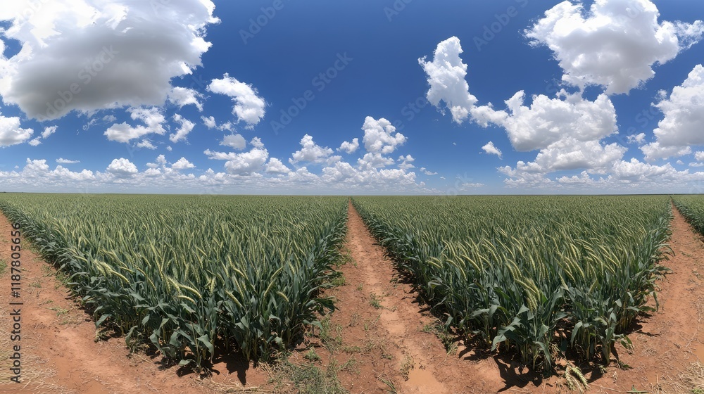 Fototapeta premium A wide-angle view of an agricultural field with storm-damaged wheat plants.