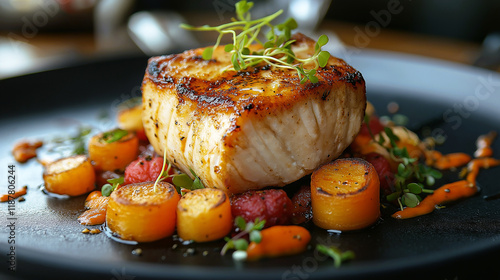 Perfectly seared fish on a bed of caramelized vegetables, garnished with microgreens, showcasing a harmonious blend of flavors and fine dining artistry.