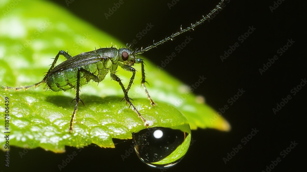 Fototapeta premium Green insect on leaf with water droplet.