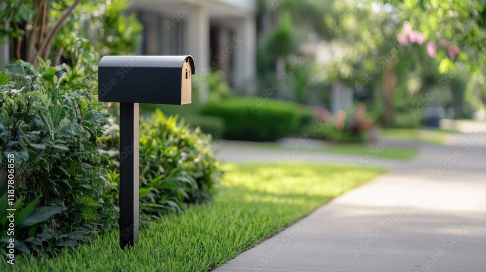 Modern Mailbox on a Residential Street Surrounded by Lush Greenery and Soft Natural Lighting Modern Mailbox on a Residential Street Surrounded by Lush Greenery and Soft Natural Lighting