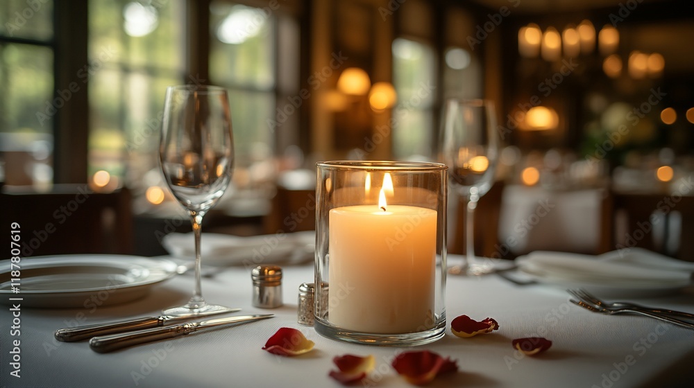 Romantic candlelit dinner table setting with wine glasses, plates, cutlery, and rose petals. Romantic candlelit dinner table setting with wine glasses, plates, cutlery, and rose petals.
