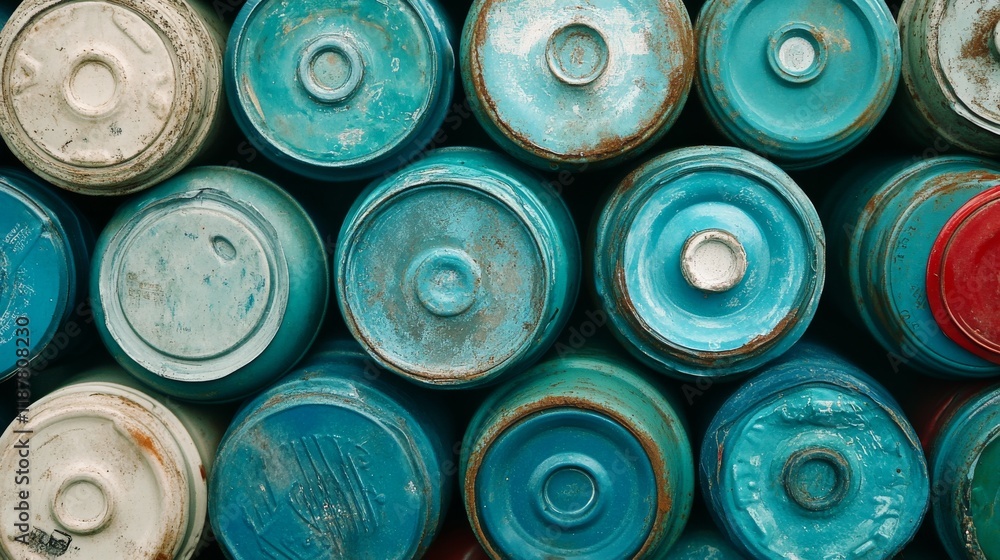 Artistic arrangement of recycled container closures, harmonious blend of aqua blues and forest greens, interspersed white and red accents, environmental awareness photography, tight macro Artistic arrangement of recycled container closures, harmonious blend of aqua blues and forest greens, interspersed white and red accents, environmental awareness photography, tight macro
