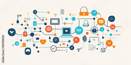 Wallpaper Mural An abstract concept of data connections depicted with lines and icons linking online communication and tech strategy. Torontodigital.ca