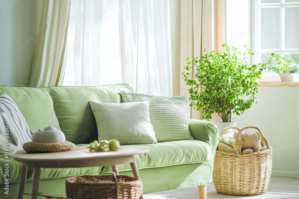 Green sofa living room sunlight plants baskets Green sofa living room sunlight plants baskets
