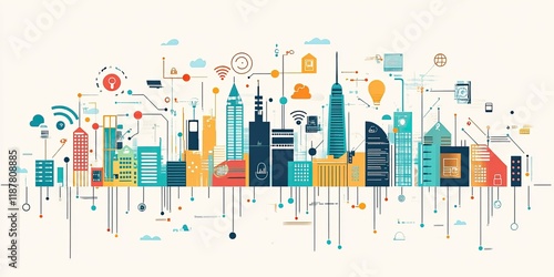 A digital cityscape showing lines and icons linking smart devices and buildings, illustrating IoT network and tech communication.