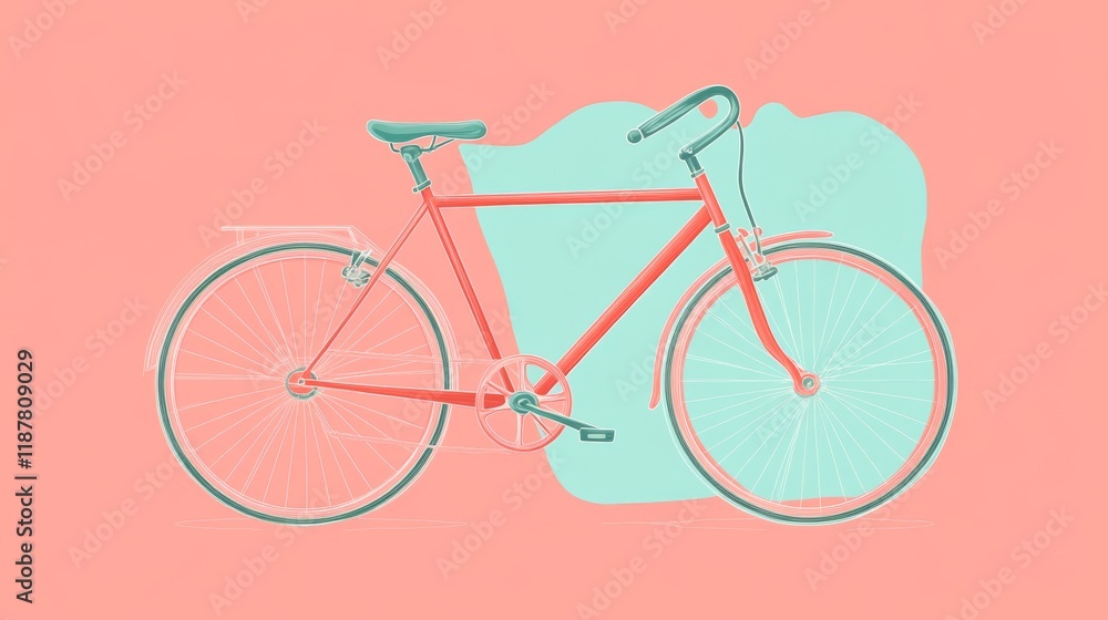Contemporary bicycle diagram collection, flat art style, sport bikes series, family tandem bike, children bike model, coral and mint color scheme, simplified mechanical details, clean geometric shapes Contemporary bicycle diagram collection, flat art style, sport bikes series, family tandem bike, children bike model, coral and mint color scheme, simplified mechanical details, clean geometric shapes
