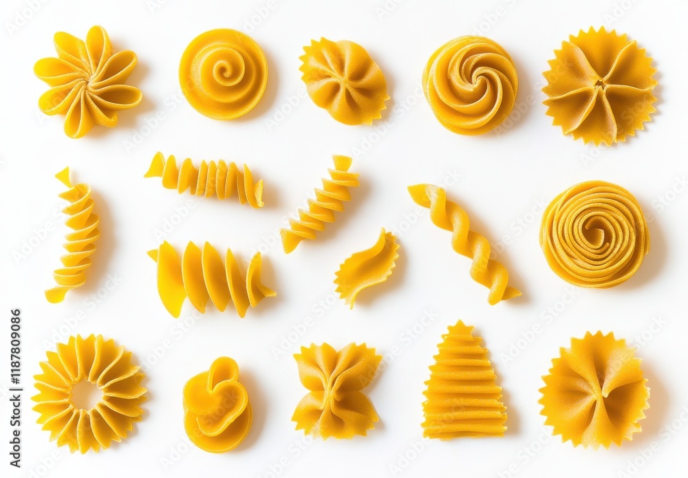 A Variety of Raw Pasta Shapes and Textures Arranged Aesthetically on a White Background for Culinary and Food Photography Use A Variety of Raw Pasta Shapes and Textures Arranged Aesthetically on a White Background for Culinary and Food Photography Use