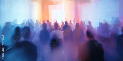 Wallpaper Mural Blurred depiction of a seminar room filled with a diverse group of attendees, highlighted by an abstract background and defocused lighting. Torontodigital.ca