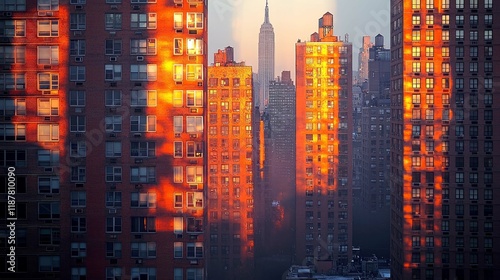 Golden Hour Reflections: A Captivating New York City Skyline at Sunset. The warm glow of the setting sun paints the city's skyscrapers in vibrant hues, creating a breathtaking urban landscape.