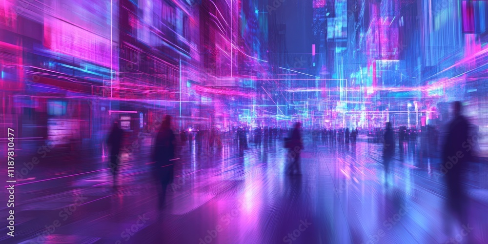 Fototapeta premium A blurred city image with neon lines connecting individuals and devices, representing digital communication and a connected network.