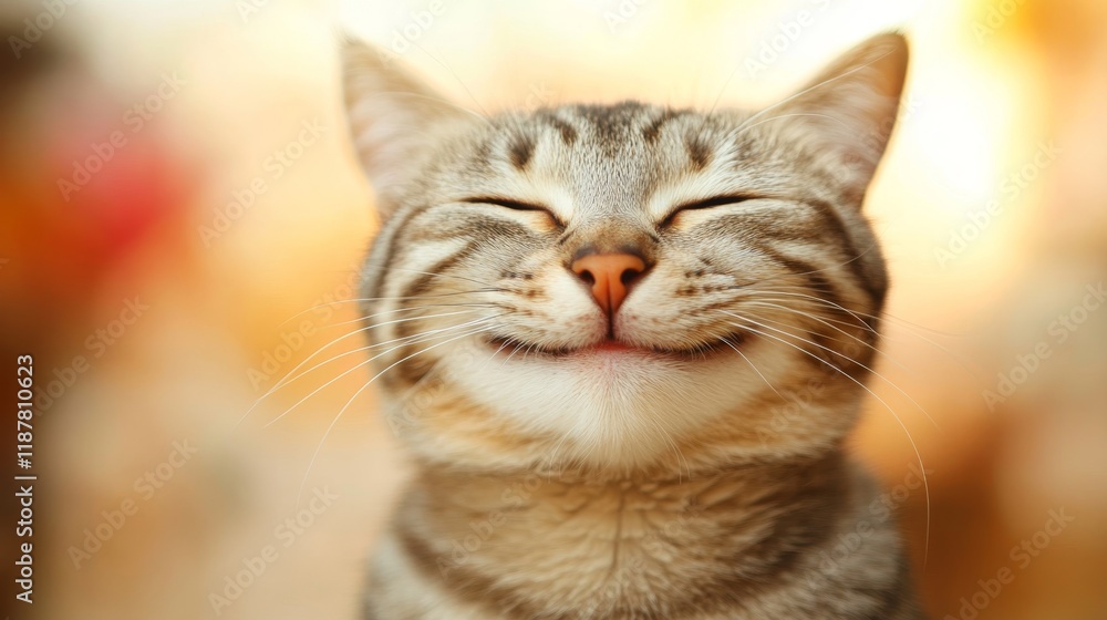 Content tabby cat smiling in warm sunlight with closed eyes Content tabby cat smiling in warm sunlight with closed eyes