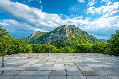 Mountain view, paved plaza, summer, scenic, nature, tourism, background, advertising photo