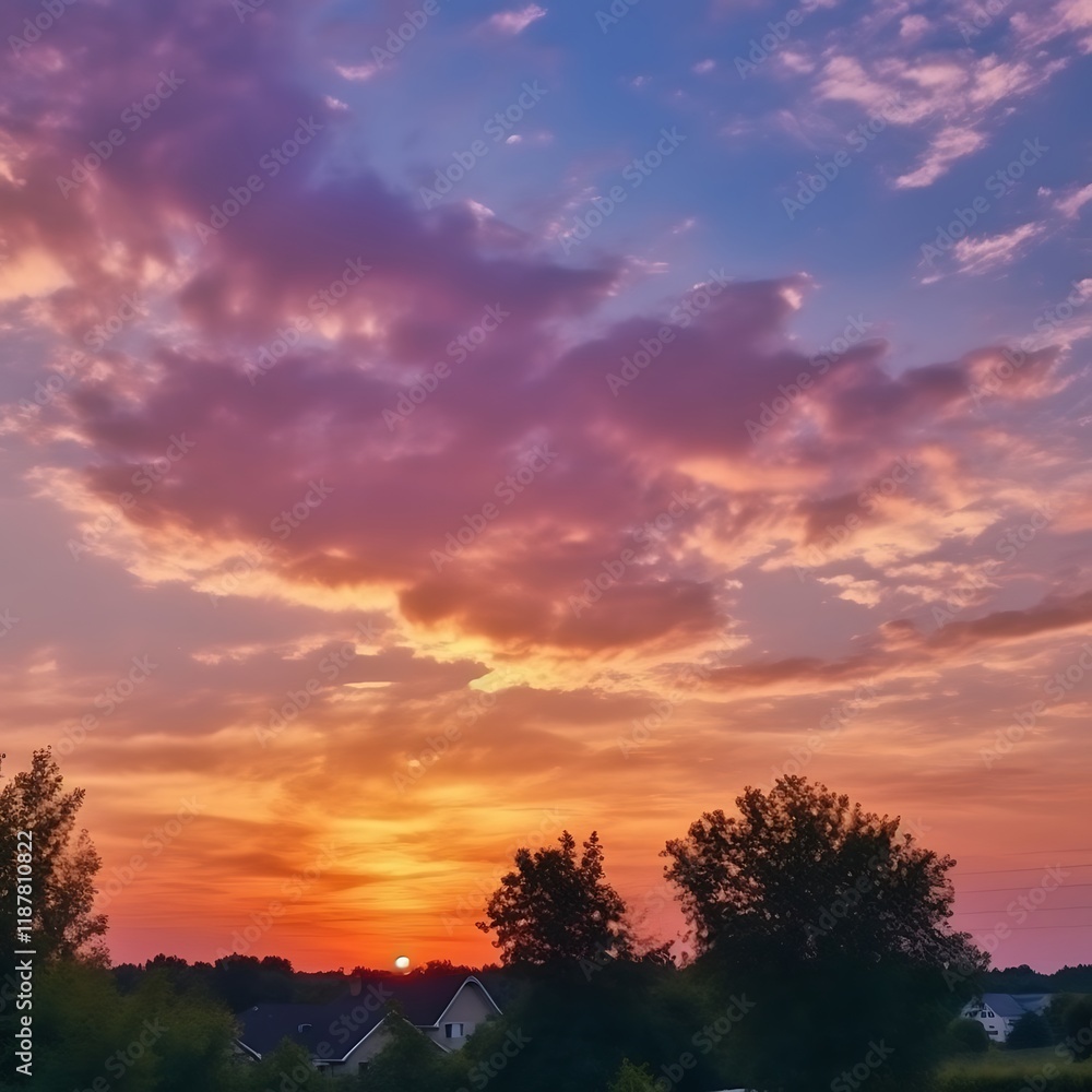 Colorful Sunset Sky Over Suburban Houses Colorful Sunset Sky Over Suburban Houses