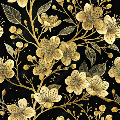 Golden Cherry Blossom Seamless Pattern (Sakura) on Black Background