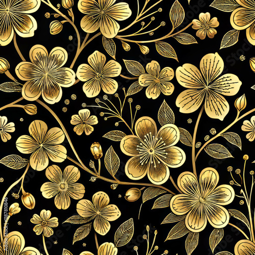 Golden Cherry Blossom Seamless Pattern (Sakura) on Black Background