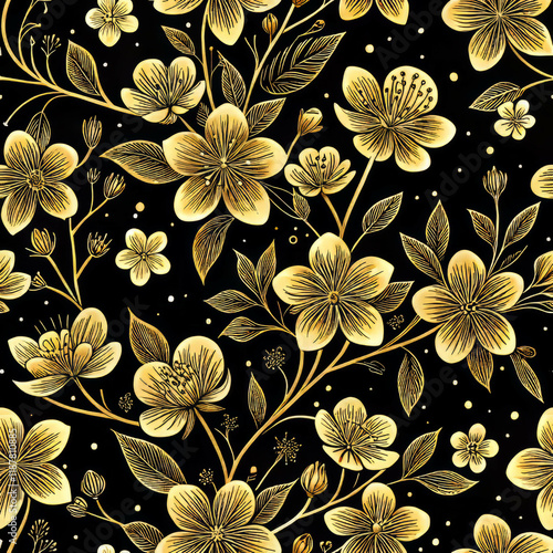 Golden Cherry Blossom Seamless Pattern (Sakura) on Black Background