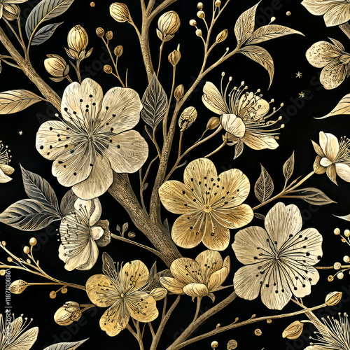 Golden Cherry Blossom Seamless Pattern (Sakura) on Black Background
