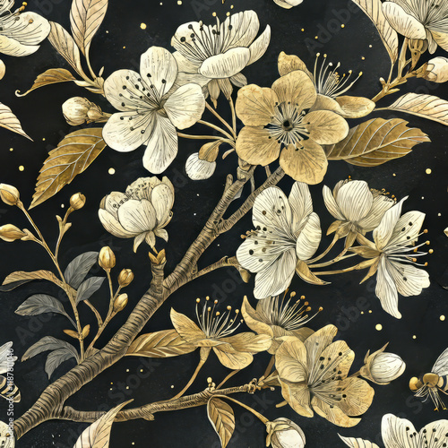 Golden Cherry Blossom Seamless Pattern (Sakura) on Black Background