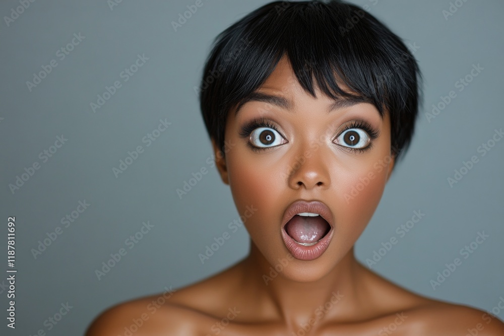 Pretty very astonished black girl - for ads, billboard and social networks use. Short trim - straight hair. Commercial commercial idea. Black woman fashion inspiration. Black girl portraiture. Pretty very astonished black girl - for ads, billboard and social networks use. Short trim - straight hair. Commercial commercial idea. Black woman fashion inspiration. Black girl portraiture.