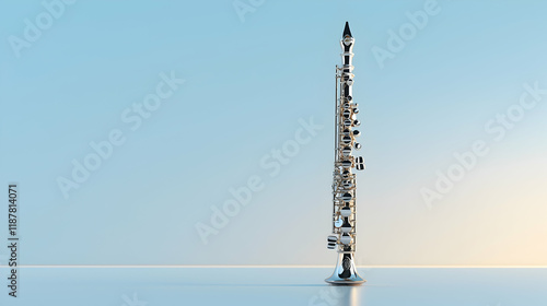 Silver soprano saxophone standing on a minimalist light blue background, ready for performance or studio recording