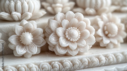 Close-up of intricately carved white flowers on a marble surface. photo