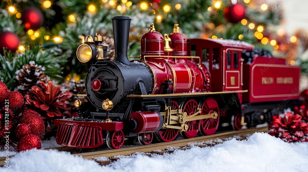 Red Toy Train in Snowy Christmas Setting Red Toy Train in Snowy Christmas Setting