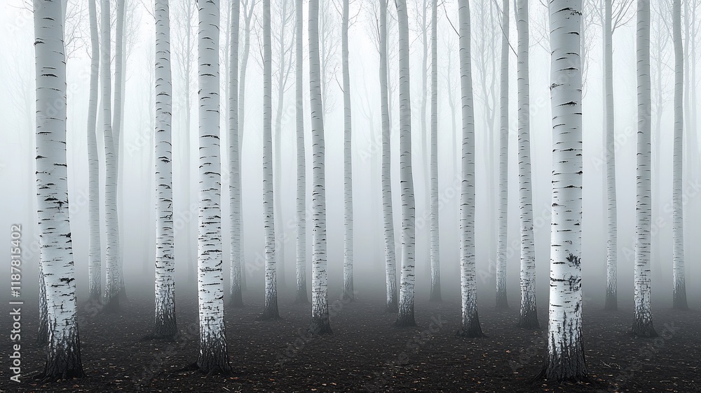 Misty birch forest with slender white trees and dark ground. Misty birch forest with slender white trees and dark ground.