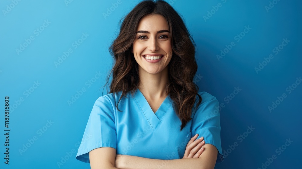 Smiling healthcare professional in blue scrubs with crossed arms against a vibrant blue background Smiling healthcare professional in blue scrubs with crossed arms against a vibrant blue background
