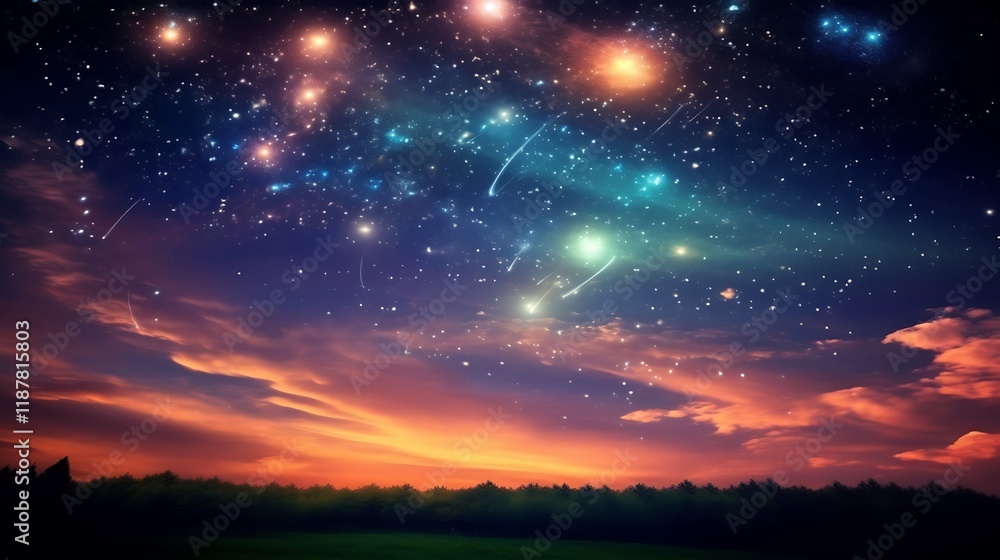 Night Sky Sunset With Shooting Stars Over Trees Night Sky Sunset With Shooting Stars Over Trees
