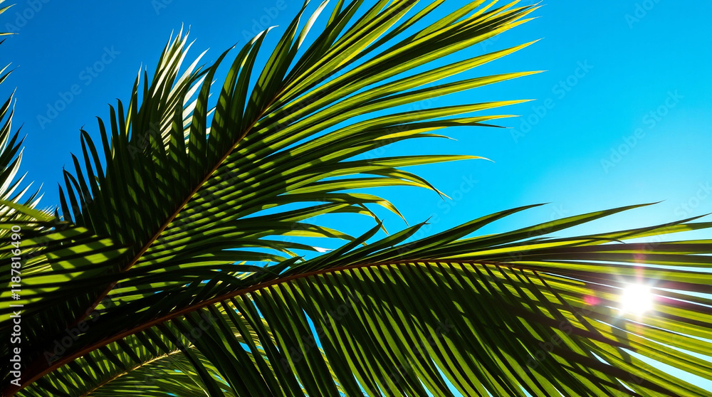 A dramatic shot of large, exotic palm leaves against a bright, clear blue sky. The deep green leaves create a strong contrast against the vibrant sky, with light filtering through the fronds, casting A dramatic shot of large, exotic palm leaves against a bright, clear blue sky. The deep green leaves create a strong contrast against the vibrant sky, with light filtering through the fronds, casting