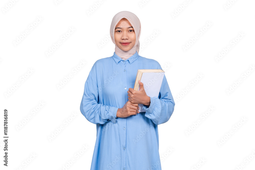 Woman hijab standing with a book isolated transparent Woman hijab standing with a book isolated transparent