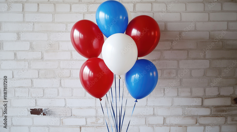 Red, white, and blue balloons against white brick wall