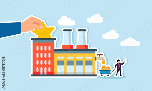 A star placed in a factory produces dollar coins collected by a businessman, illustration of improved product quality boosting factory revenue