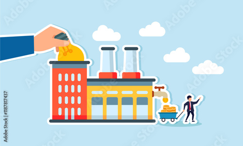 A lamp placed in a factory produces dollar coins collected by a businessman, illustration of creativity and innovation boosting factory revenue