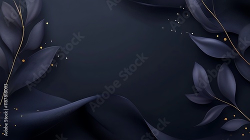 Dark Blue Abstract Background with Gold Accents and Leaves