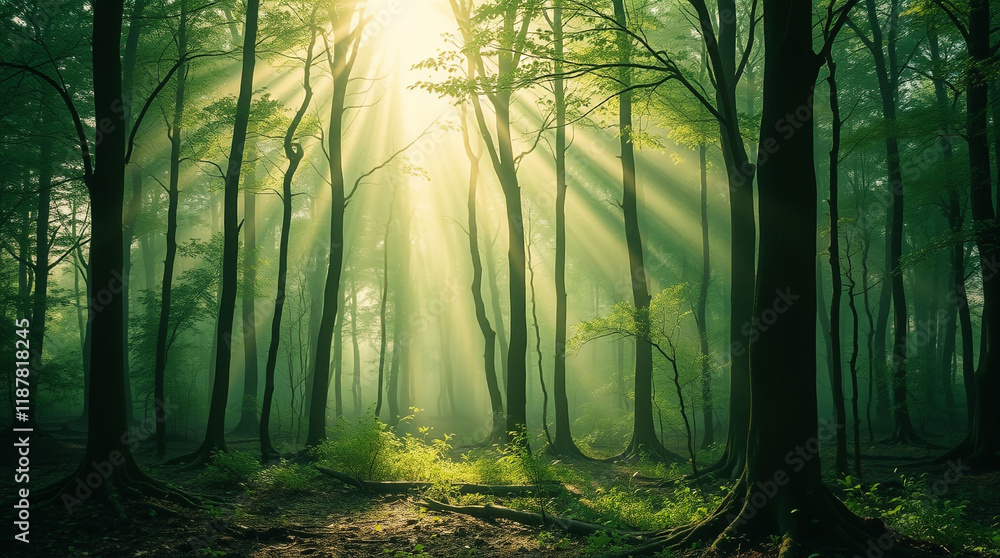 Fototapeta premium Mgła unosząca się w gęstym lesie