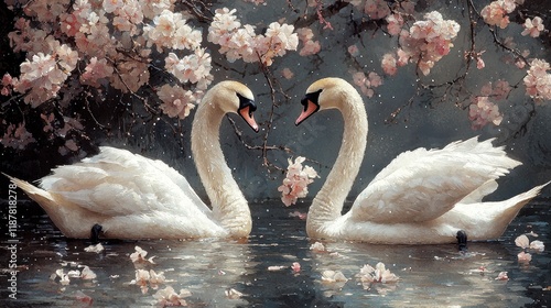 Fototapeta Naklejka Na Ścianę i Meble -  Two graceful white swans forming a heart shape amidst blossoming cherry trees.