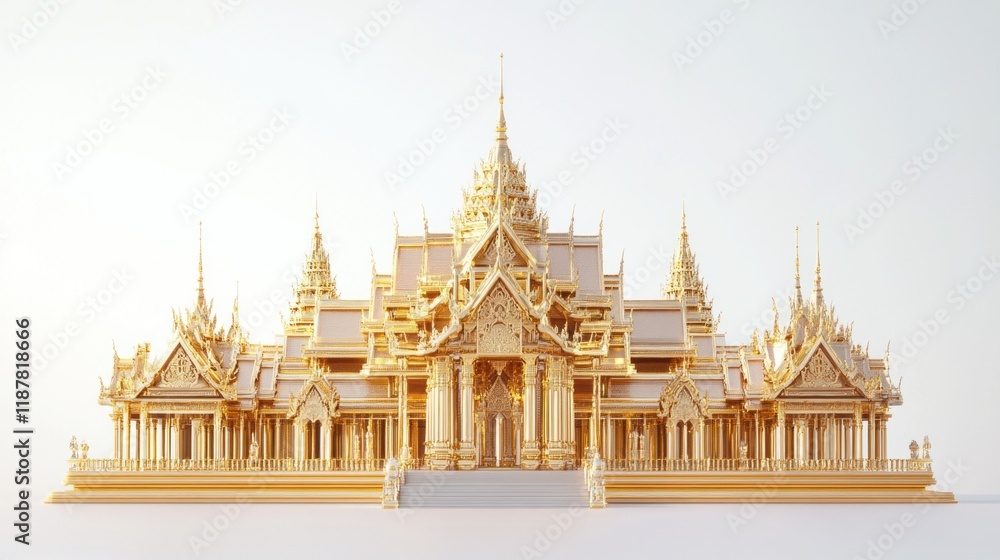 Fototapeta premium 3D animated Golden Palace with tiered roofs, symmetrical spires, and golden facades, showcased on a minimalist white backdrop