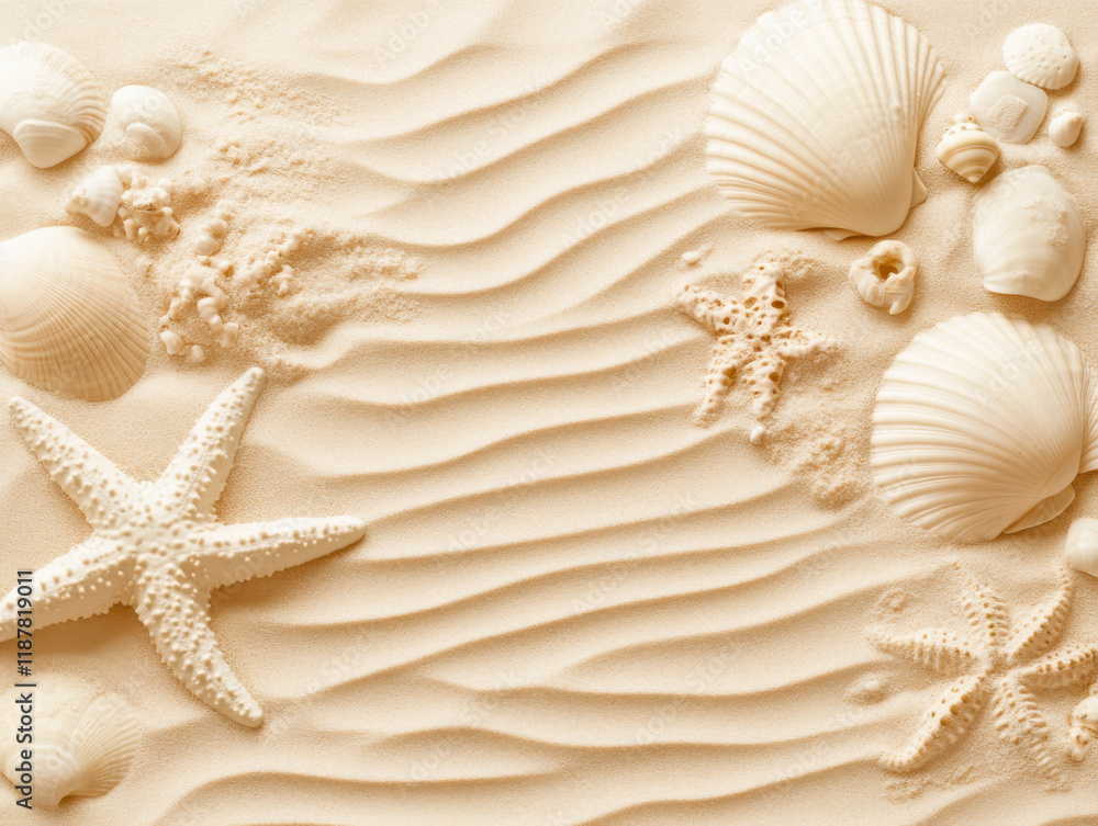 Top view of a sandy beach texture with imprints of exotic seashells and starfish Top view of a sandy beach texture with imprints of exotic seashells and starfish