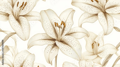 Luxury botanical artwork, large scale lily flowers, pearlescent petal details, refined golden highlights, meticulous line engraving style, graceful floral arrangement, ivory white palette, romantic