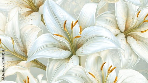 Opulent lily pattern, metallic gold line work, pristine white florals, detailed petal texture, refined botanical art, elegant natural forms, luxurious illustration style, seamless floral arrangement,