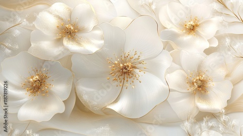 Majestic floral design, large scale cream blossoms, intricate golden details, sophisticated line patterns, elegant botanical illustration, premium art style, delicate petal arrangement, romantic