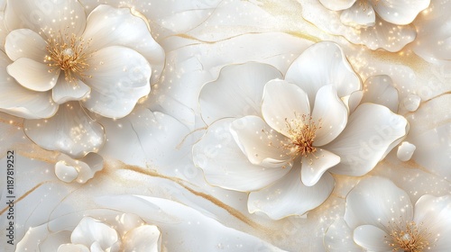 Majestic floral design, large scale cream blossoms, intricate golden details, sophisticated line patterns, elegant botanical illustration, premium art style, delicate petal arrangement, romantic